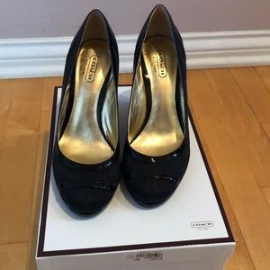 Coach black patent leather wedge heels